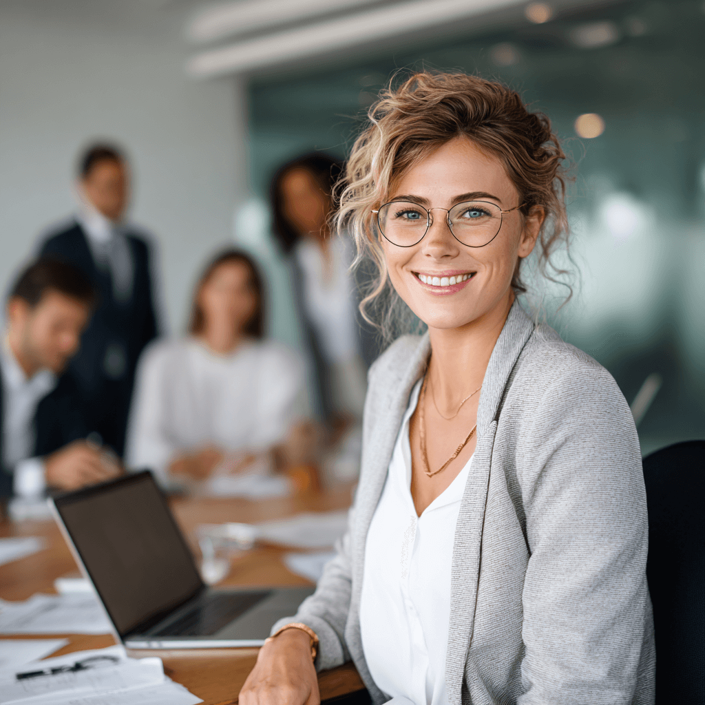 Junge Sekretärin im Büro mit Laptop und Unterlagen, symbolisiert Karriere und Gehalt im Office-Management.