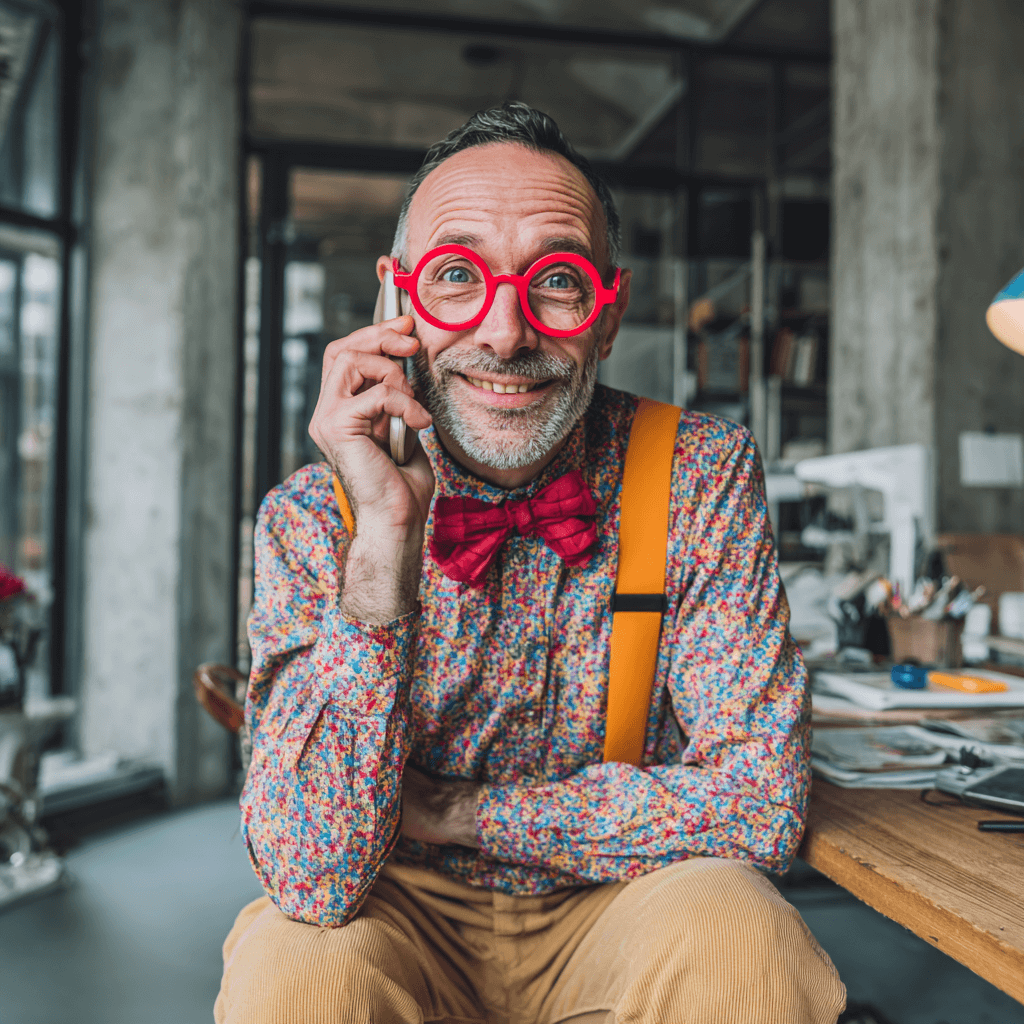 Schlanker Mann Anfang 40 mit Halbglatze, Bart, bunter Kleidung, Fliege, Cordhose, Hosenträgern und roter Hornbrille telefoniert lachend im modernen Industrial-Büro