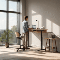 Mitarbeiter steht an einem höhenverstellbaren Schreibtisch im modernen Büro – Symbol für ergonomische Büromöbel und gesundes Arbeiten.