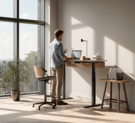 Mitarbeiter steht an einem höhenverstellbaren Schreibtisch im modernen Büro – Symbol für ergonomische Büromöbel und gesundes Arbeiten.