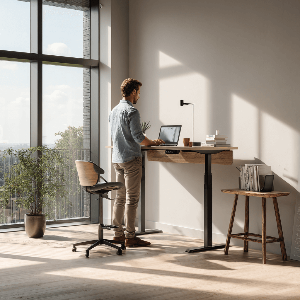 Mitarbeiter steht an einem höhenverstellbaren Schreibtisch im modernen Büro – Symbol für ergonomische Büromöbel und gesundes Arbeiten.