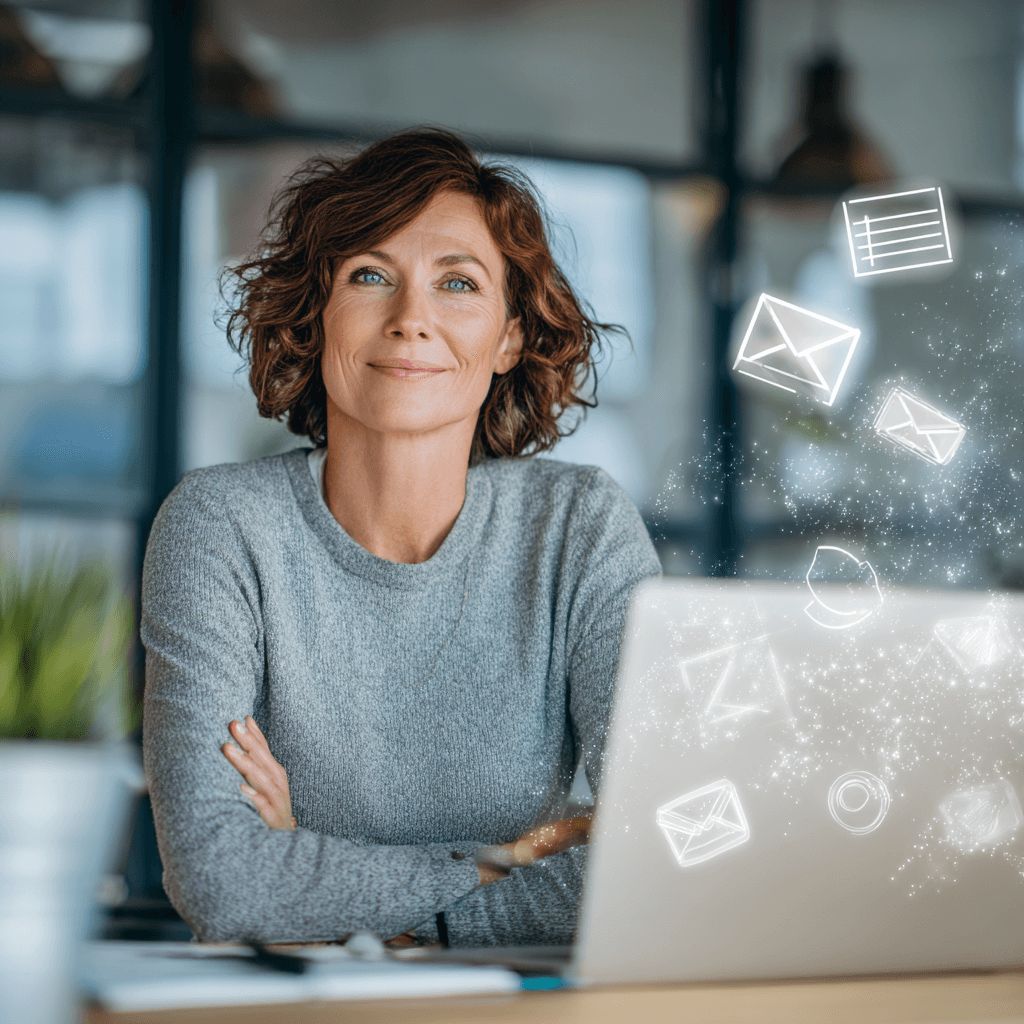 Frau Ende 40 arbeitet im modernen Büro am Laptop, über dem ein Hologramm mit E-Mail- und Kalendersymbolen schwebt – Symbol für Outlook, E-Mail und Kalender.