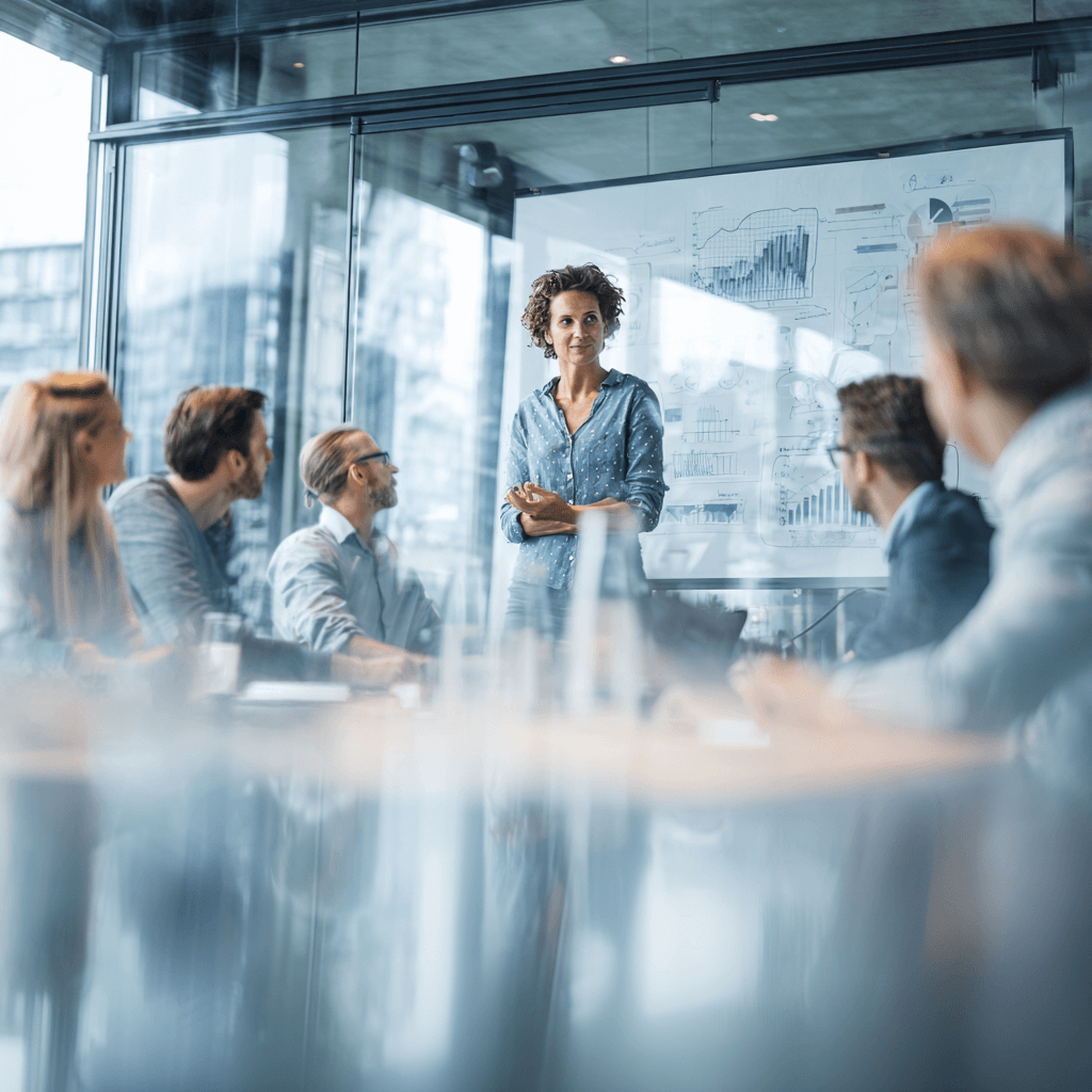 Frau steht vor einem Whiteboard mit Diagrammen und spricht zu einer Gruppe von Kollegen in einem modernen Konferenzraum.