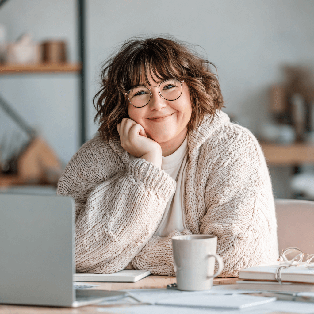 Plus-Size Frau mit Brille am Schreibtisch bei einer Online-Weiterbildung für Sekretärinnen, lächelnd und motiviert beim Lernen.