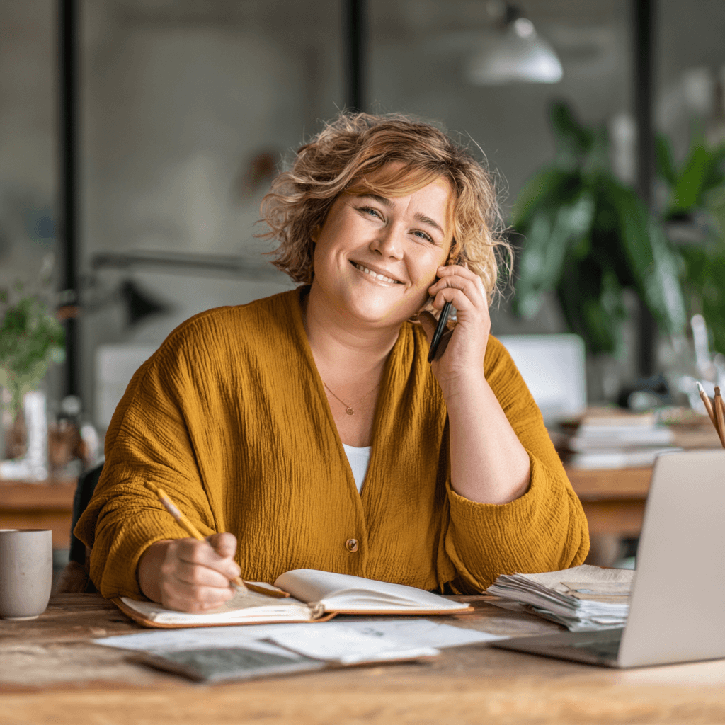 Plus-Size Frau im Büro telefoniert und schreibt Notizen – professionelle Korrespondenz am Schreibtisch.