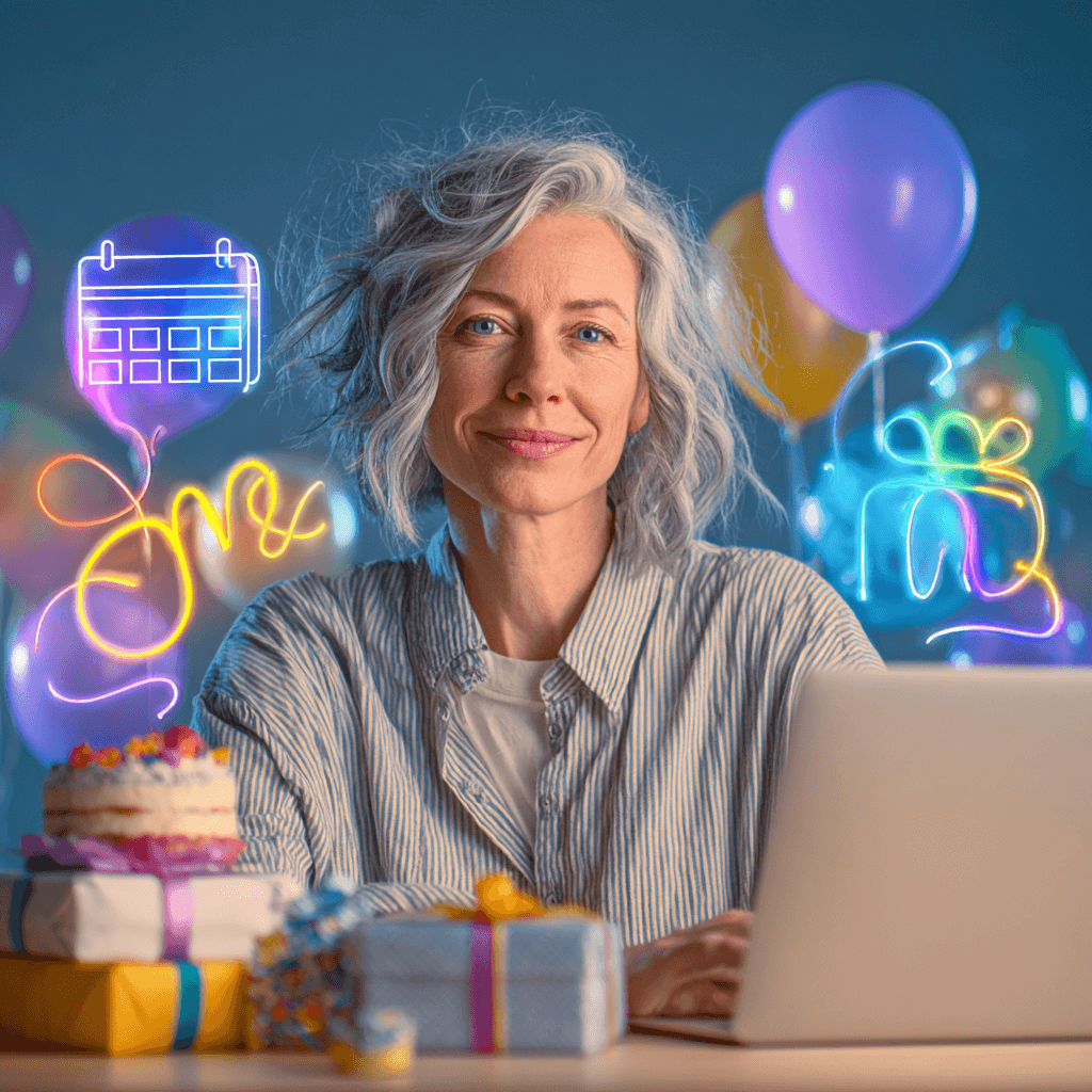 Frau Ende 40 mit weißen Strähnen arbeitet am Laptop, über dem ein holografischer Kalender mit Ballons, Geschenken und Torte schwebt.