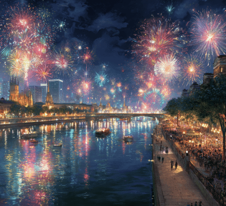 Buntes Neujahrs-Feuerwerk über einem Fluss in einer Großstadt mit leuchtender Skyline und feiernden Menschen am Ufer.