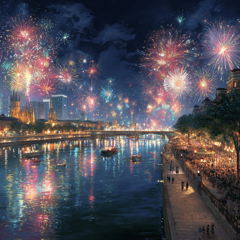 Buntes Neujahrs-Feuerwerk über einem Fluss in einer Großstadt mit leuchtender Skyline und feiernden Menschen am Ufer.