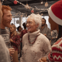 Kolleg:innen unterschiedlicher Altersgruppen lachen und feiern in einem modern dekorierten Büro mit Lichterketten – Weihnachtsfeier im Büro, fröhliche Teamstimmung.