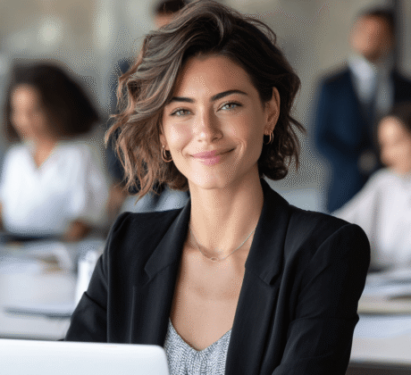 Junge Sekretärin im modernen Büro, die selbstbewusst in die Kamera lächelt und für Karrierechancen im Assistenzbereich steht.