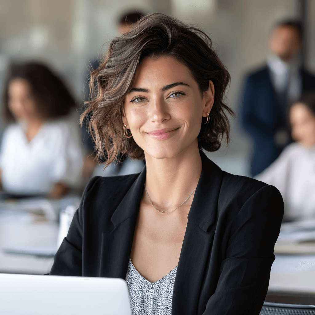 Junge Sekretärin im modernen Büro, die selbstbewusst in die Kamera lächelt und für Karrierechancen im Assistenzbereich steht.