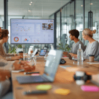 Teammeeting im Büro mit Laptops, Tablets und großem Bildschirm, der digitale Tools für Zusammenarbeit und Projektmanagement zeigt.