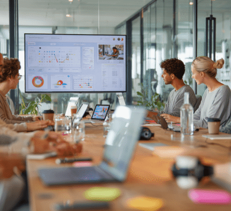 Teammeeting im Büro mit Laptops, Tablets und großem Bildschirm, der digitale Tools für Zusammenarbeit und Projektmanagement zeigt.