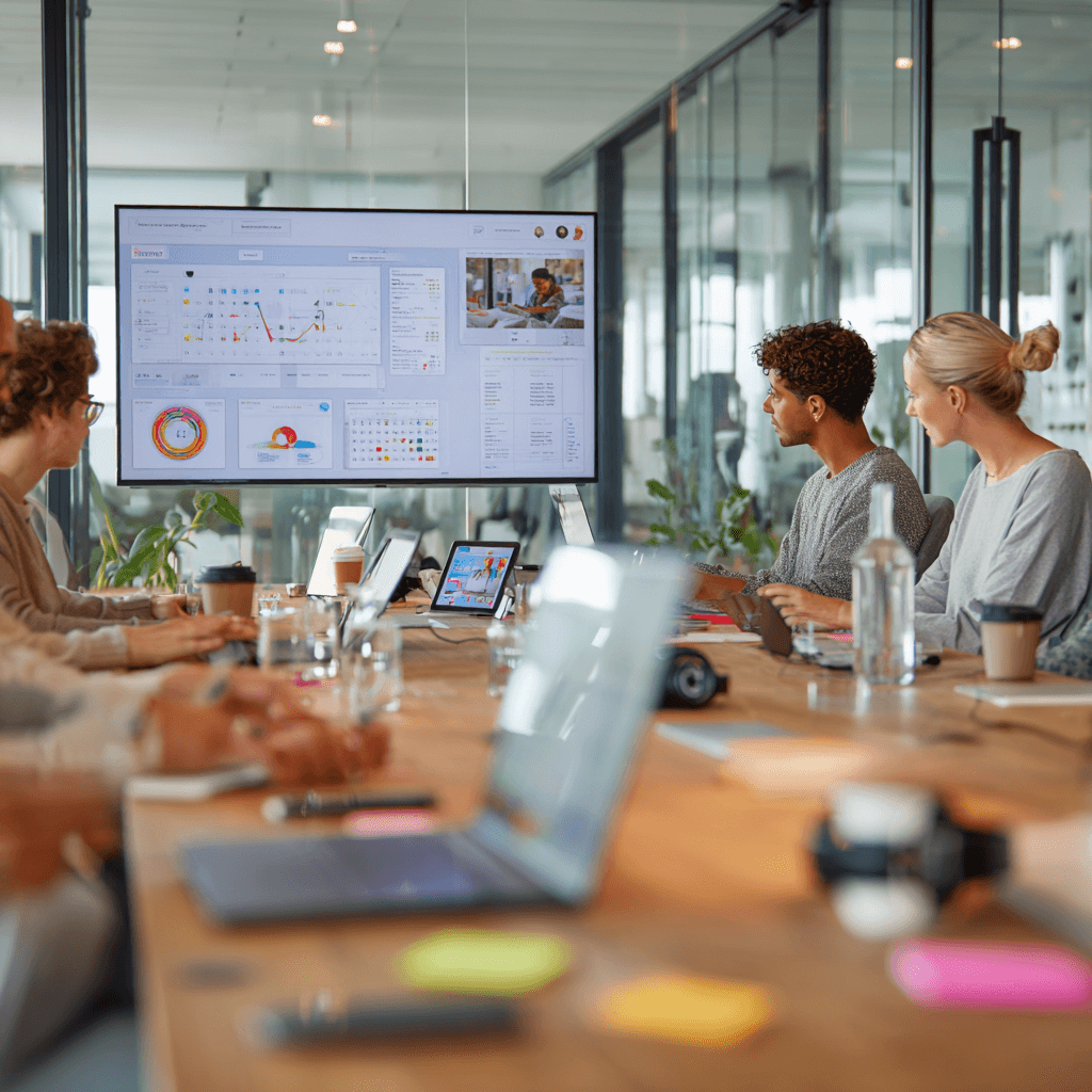 Teammeeting im Büro mit Laptops, Tablets und großem Bildschirm, der digitale Tools für Zusammenarbeit und Projektmanagement zeigt.