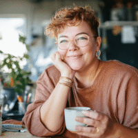 Sympathische Frau mit goldener Brille sitzt am Schreibtisch und trinkt Tee oder Kaffee – Symbol für gesundes Trinken am Arbeitsplatz