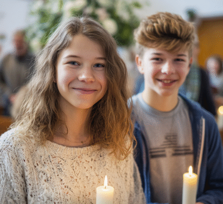 Zwei 14-jährige Teenager bei der Konfirmation in einer hellen Kirche, Mädchen mit gelocktem Long Bob und Zahnspange sowie sportlicher Junge mit Pickeln, beide halten große Konfirmationskerzen, im Hintergrund Menschen und Blumen.