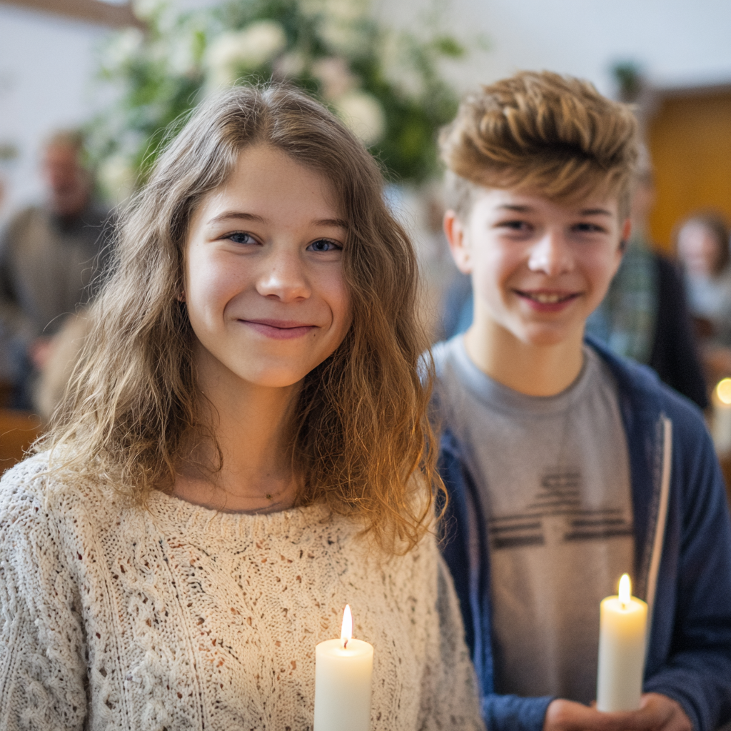 Zwei 14-jährige Teenager bei der Konfirmation in einer hellen Kirche, Mädchen mit gelocktem Long Bob und Zahnspange sowie sportlicher Junge mit Pickeln, beide halten große Konfirmationskerzen, im Hintergrund Menschen und Blumen.