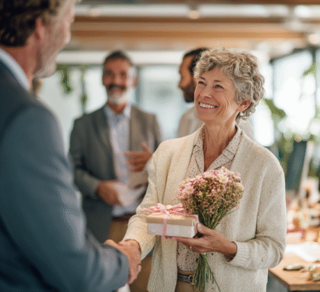 Person Mitte 60 wird im Büro von Kolleg:innen mit Blumen und Geschenken in den Ruhestand verabschiedet – Symbol für Verabschiedung und Abschiedsfeier.