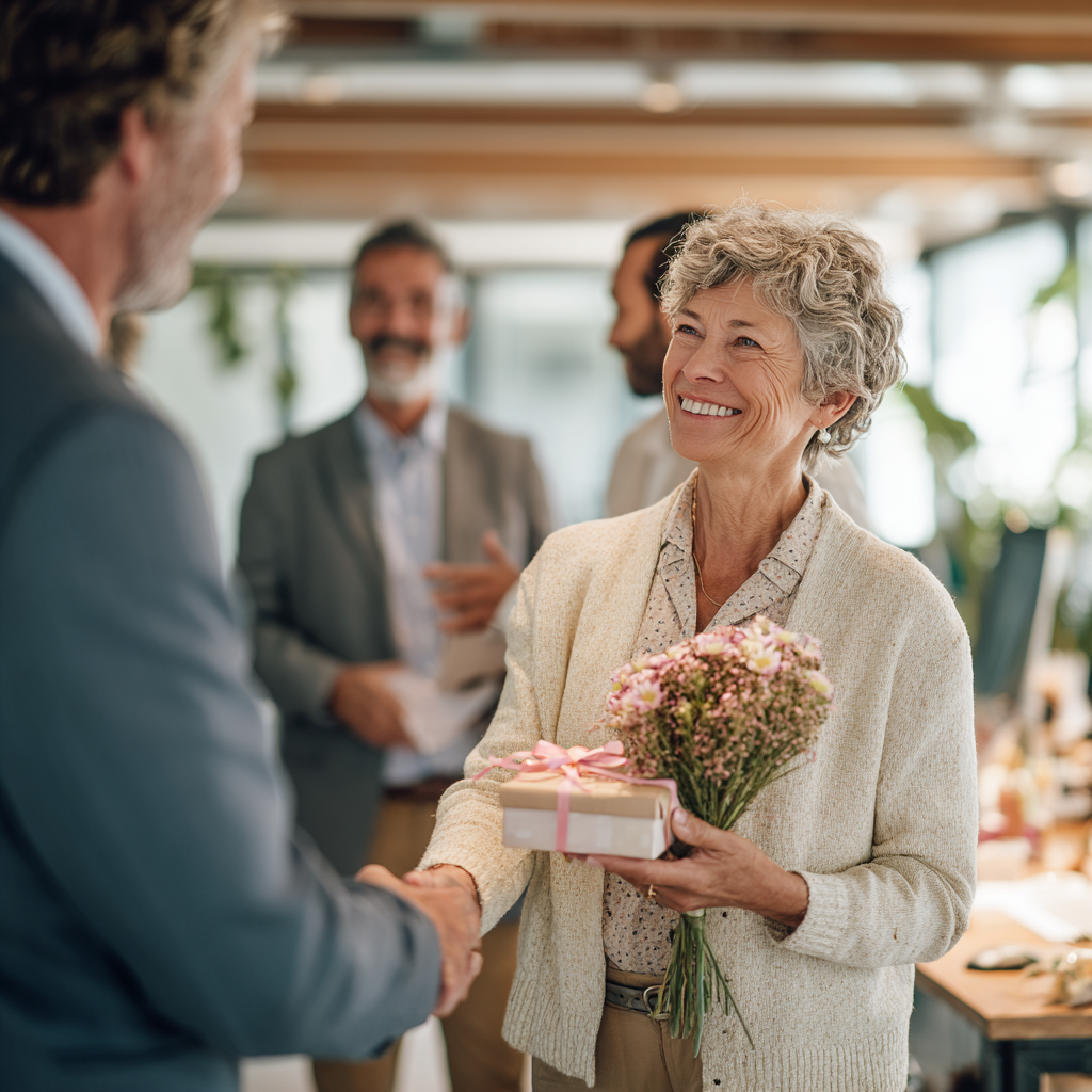 Person Mitte 60 wird im Büro von Kolleg:innen mit Blumen und Geschenken in den Ruhestand verabschiedet – Symbol für Verabschiedung und Abschiedsfeier.
