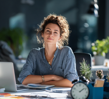 Mitarbeiterin am Schreibtisch mit Laptop, Uhr und Planer im modernen Büro – Symbol für Zeitmanagement, Selbstmanagement und Büroorganisation.