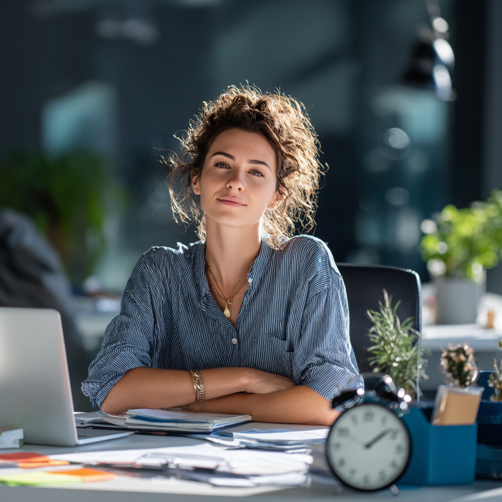 Mitarbeiterin am Schreibtisch mit Laptop, Uhr und Planer im modernen Büro – Symbol für Zeitmanagement, Selbstmanagement und Büroorganisation.
