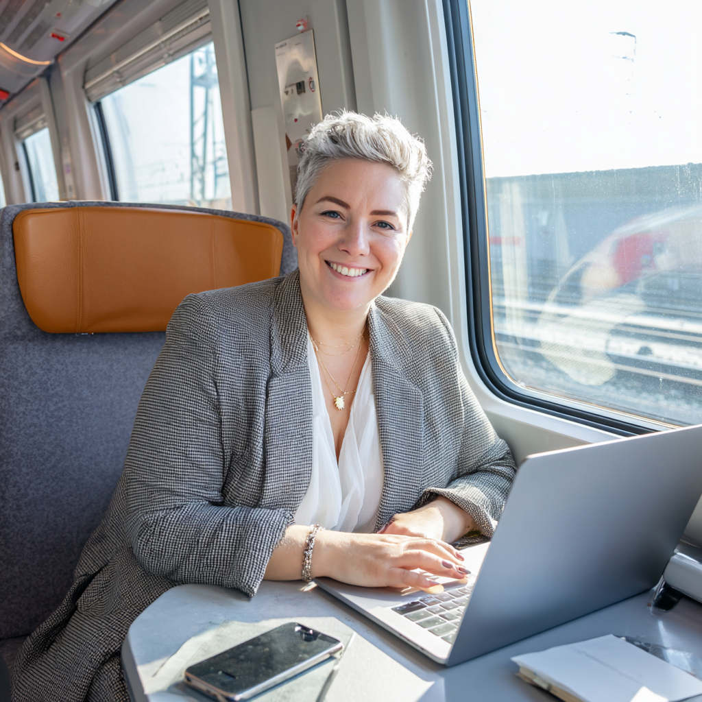 Mehrgewichtige Frau im Blazer arbeitet im Zug an Laptop und Smartphone – Symbol für Geschäftsreise und mobiles Arbeiten.