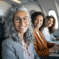 Drei selbstbewusste Frauen Anfang 50 sitzen während ihrer Geschäftsreise nebeneinander im Flugzeug; sie wirken professionell und entspannt, eine ideale Darstellung moderner Dienstreisen. Im Kontext steht eine praktische Checkliste für erfolgreiches Business-Travel-Management.