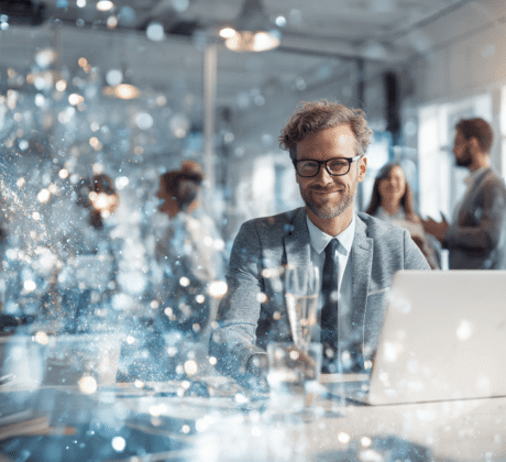 Büroangestellte feiern Neujahr im modernen Office, Person am Schreibtisch mit Laptop und festlicher Stimmung, holografische Lichteffekte und unscharfe Kollegen im Hintergrund.