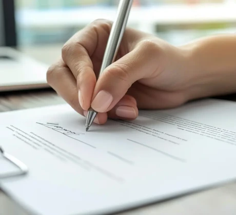 Nahaufnahme der Hand einer Assistenzkraft, die mit einem Kugelschreiber ein Arbeitszeugnis auf einem Blatt Papier schreibt. Das Blatt liegt auf einem modernen, aufgeräumten Schreibtisch in einem hell beleuchteten Büro.