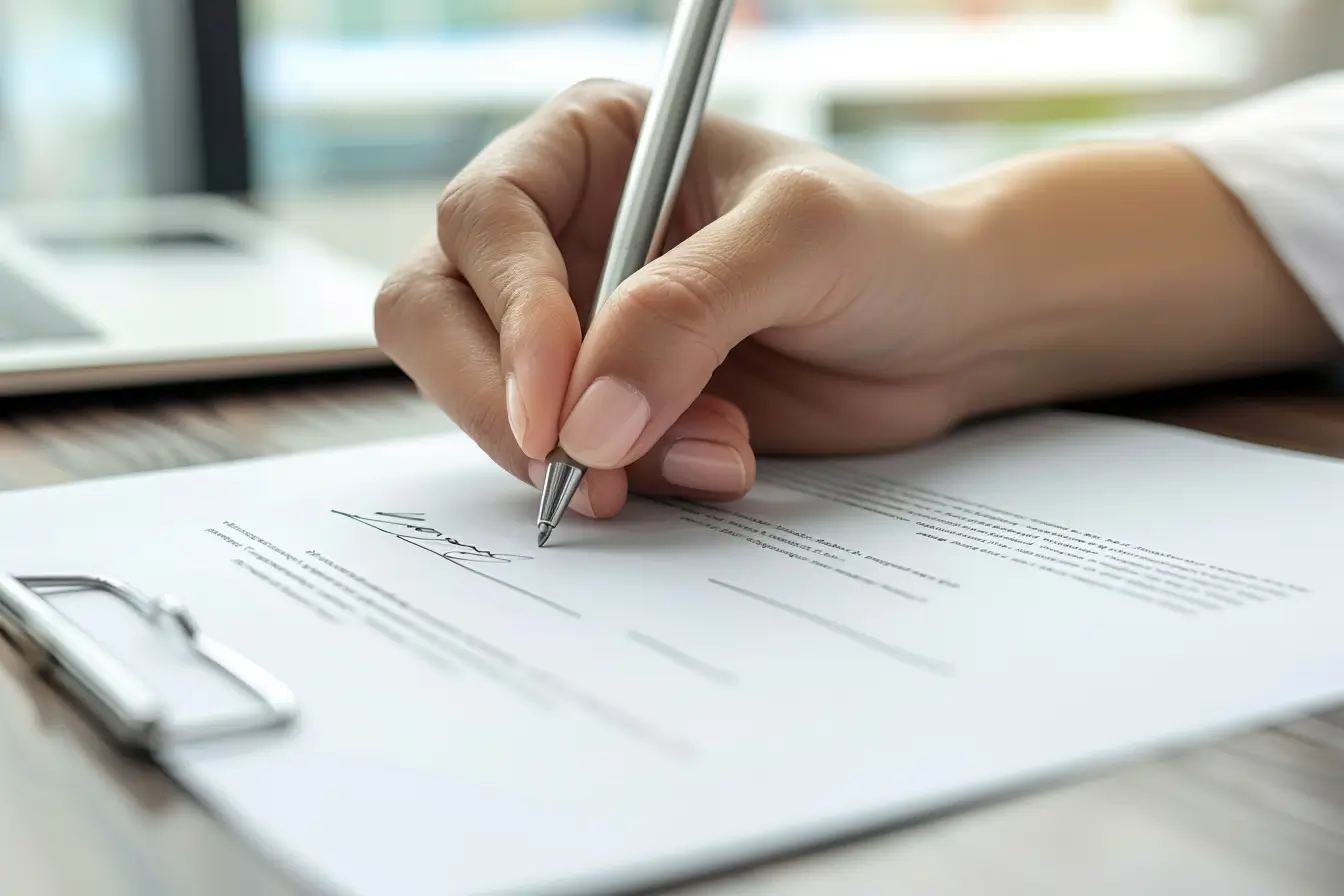 Nahaufnahme der Hand einer Assistenzkraft, die mit einem Kugelschreiber ein Arbeitszeugnis auf einem Blatt Papier schreibt. Das Blatt liegt auf einem modernen, aufgeräumten Schreibtisch in einem hell beleuchteten Büro.