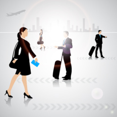 Grafik von Menschen im Business-Outfit mit Koffern. Im Hintergrund ist die Skyline einer großen Stadt zu erkennen und ein Flugzeug