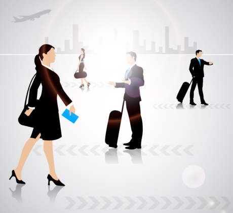 Grafik von Menschen im Business-Outfit mit Koffern. Im Hintergrund ist die Skyline einer großen Stadt zu erkennen und ein Flugzeug