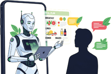 Eine Roboter-Frau mit einem iPad in der Hand nimmt eine Bestellung entgegen.