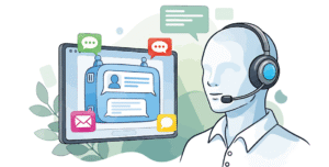 Grafik eines Menschen mit Hemd, Kopfhörern und Mikrofon. Daneben zu sehen ist ein Bildschirm mit einem Chat.