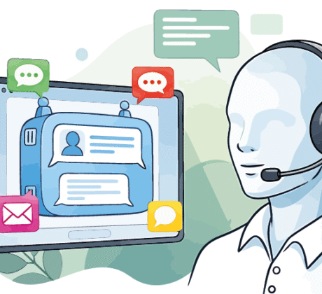 Grafik eines Menschen mit Hemd, Kopfhörern und Mikrofon. Daneben zu sehen ist ein Bildschirm mit einem Chat.