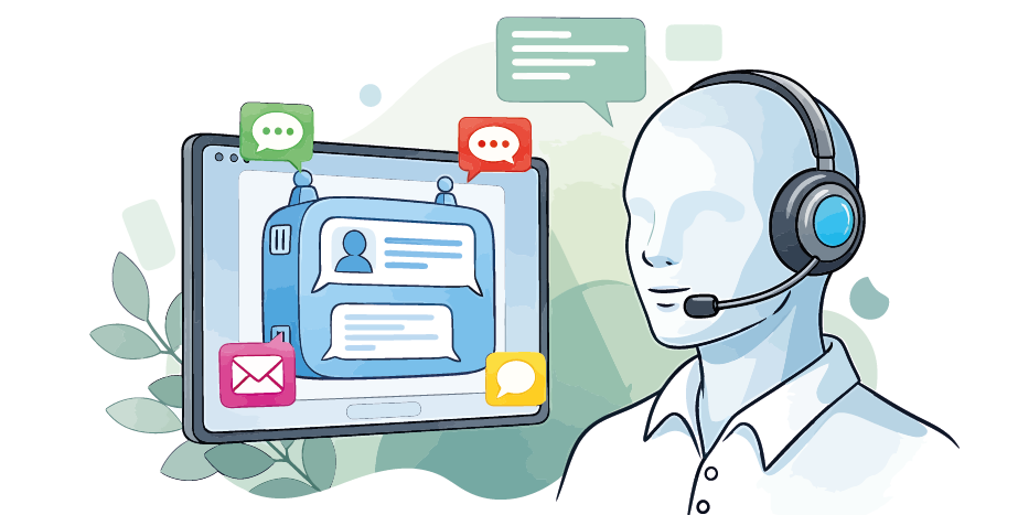 Grafik eines Menschen mit Hemd, Kopfhörern und Mikrofon. Daneben zu sehen ist ein Bildschirm mit einem Chat.