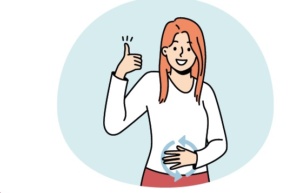 Zeichnung einer Frau, die eine Hand auf ihren Bauch gelegt hat und den Daumen der anderen Hand positiv nach oben streckt.