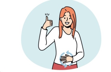 Zeichnung einer Frau, die eine Hand auf ihren Bauch gelegt hat und den Daumen der anderen Hand positiv nach oben streckt.