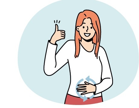 Zeichnung einer Frau, die eine Hand auf ihren Bauch gelegt hat und den Daumen der anderen Hand positiv nach oben streckt.