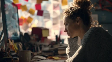 Frau sitzt vor ihrem Home-Computer und lehnt mit dem Kopf auf ihrer Hand. Im Hintergrund ist es chaotisch.