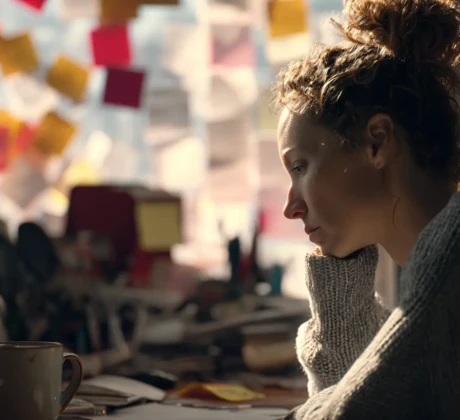 Frau sitzt vor ihrem Home-Computer und lehnt mit dem Kopf auf ihrer Hand. Im Hintergrund ist es chaotisch.