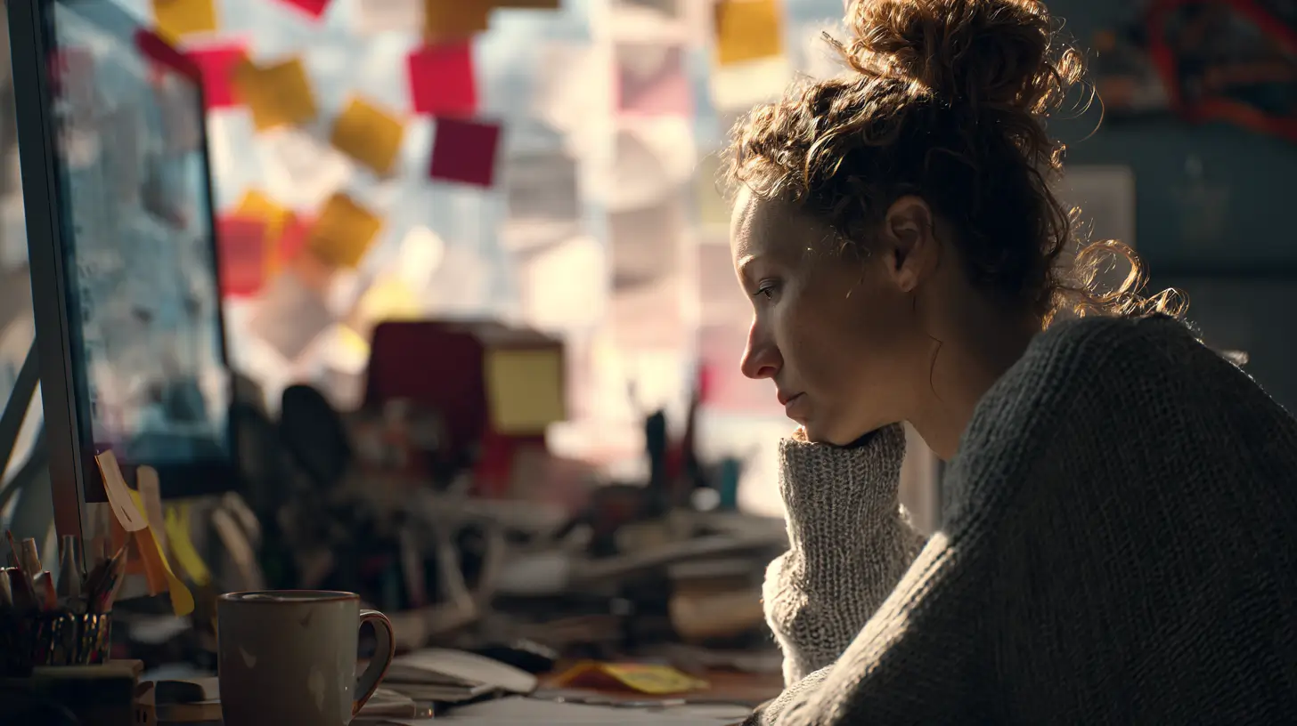 Frau sitzt vor ihrem Home-Computer und lehnt mit dem Kopf auf ihrer Hand. Im Hintergrund ist es chaotisch.