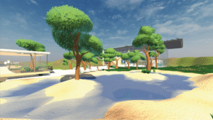 Computer-animiertes Bild einer parkähnlichen Fläche mit Bäumen und einem Gebäude im Hintergrund.