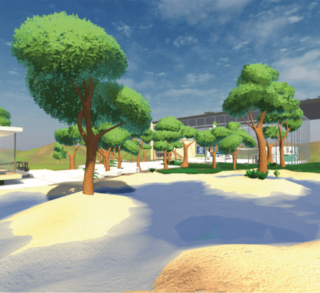 Computer-animiertes Bild einer parkähnlichen Fläche mit Bäumen und einem Gebäude im Hintergrund.