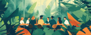 Grafik eines Urwaldes. In der Mitte ist ein langer Tisch und mehrere Mitarbeitende daran, die miteinander kommunizieren.