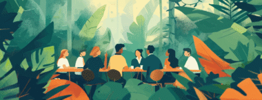 Grafik eines Urwaldes. In der Mitte ist ein langer Tisch und mehrere Mitarbeitende daran, die miteinander kommunizieren.