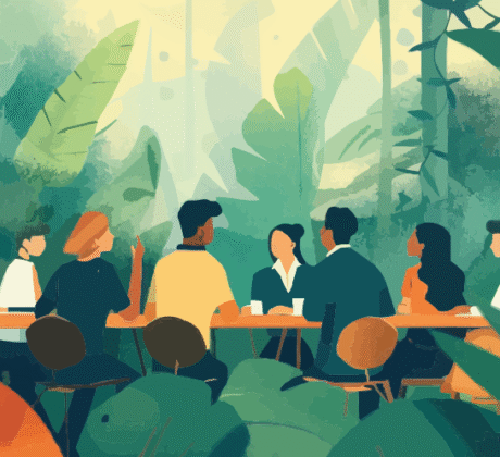 Grafik eines Urwaldes. In der Mitte ist ein langer Tisch und mehrere Mitarbeitende daran, die miteinander kommunizieren.