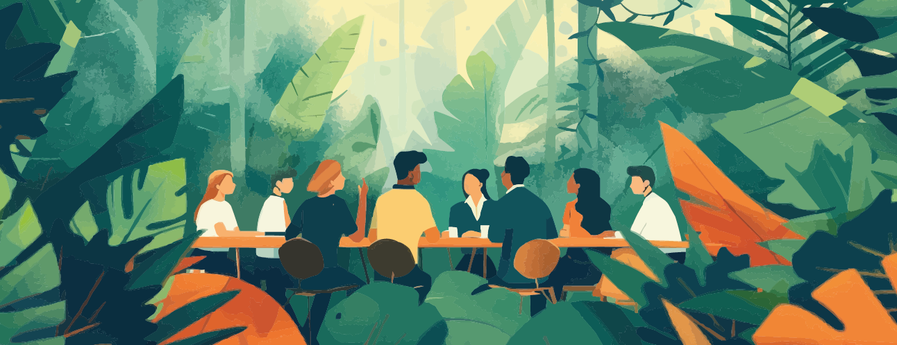 Grafik eines Urwaldes. In der Mitte ist ein langer Tisch und mehrere Mitarbeitende daran, die miteinander kommunizieren.