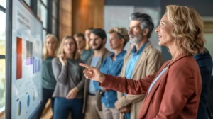 Eine diverse Gruppe von Büroangestellten unterschiedlichen Alters, Geschlechts und Herkunft in einem modernen Seminarraum. Die Teilnehmenden stehen und schauen aufmerksam auf einen großen Bildschirm an der Wand.