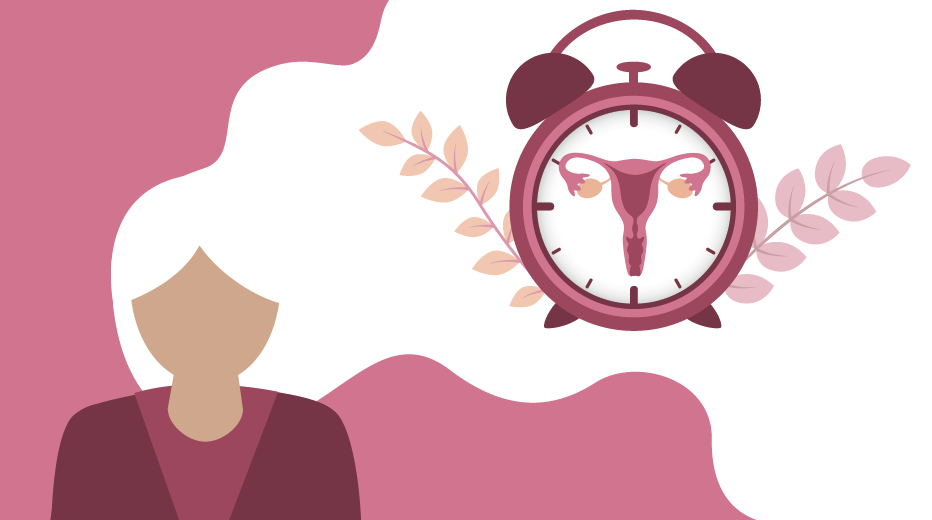 Grafik einer Frau mit langen weißen Haaren und einem Wecker. Statt der Uhrzeiger ist darin ein Uterus zu sehen symbolisch.